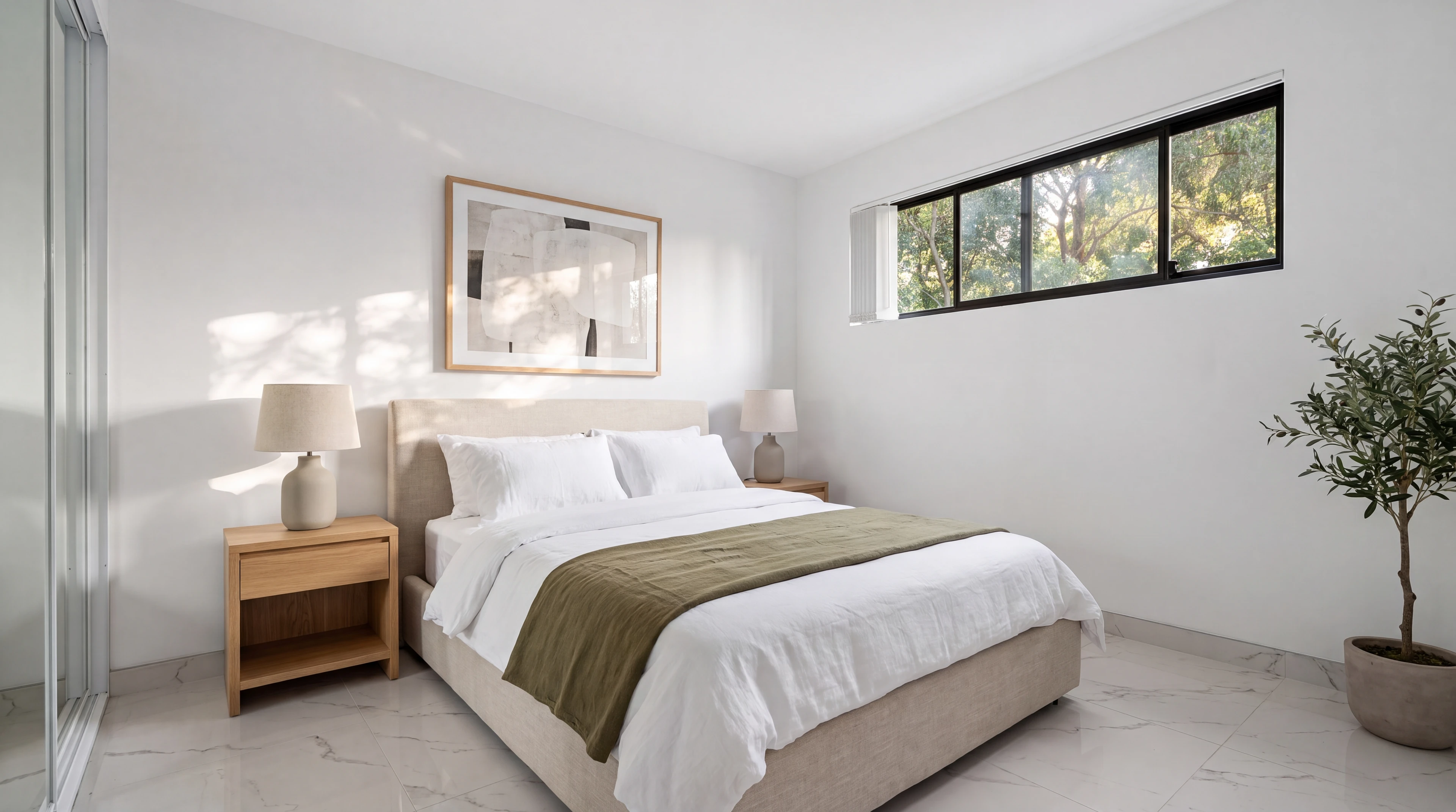 Bedroom of a Rivela home - upholstered bed, timber bedsides and soft natural light