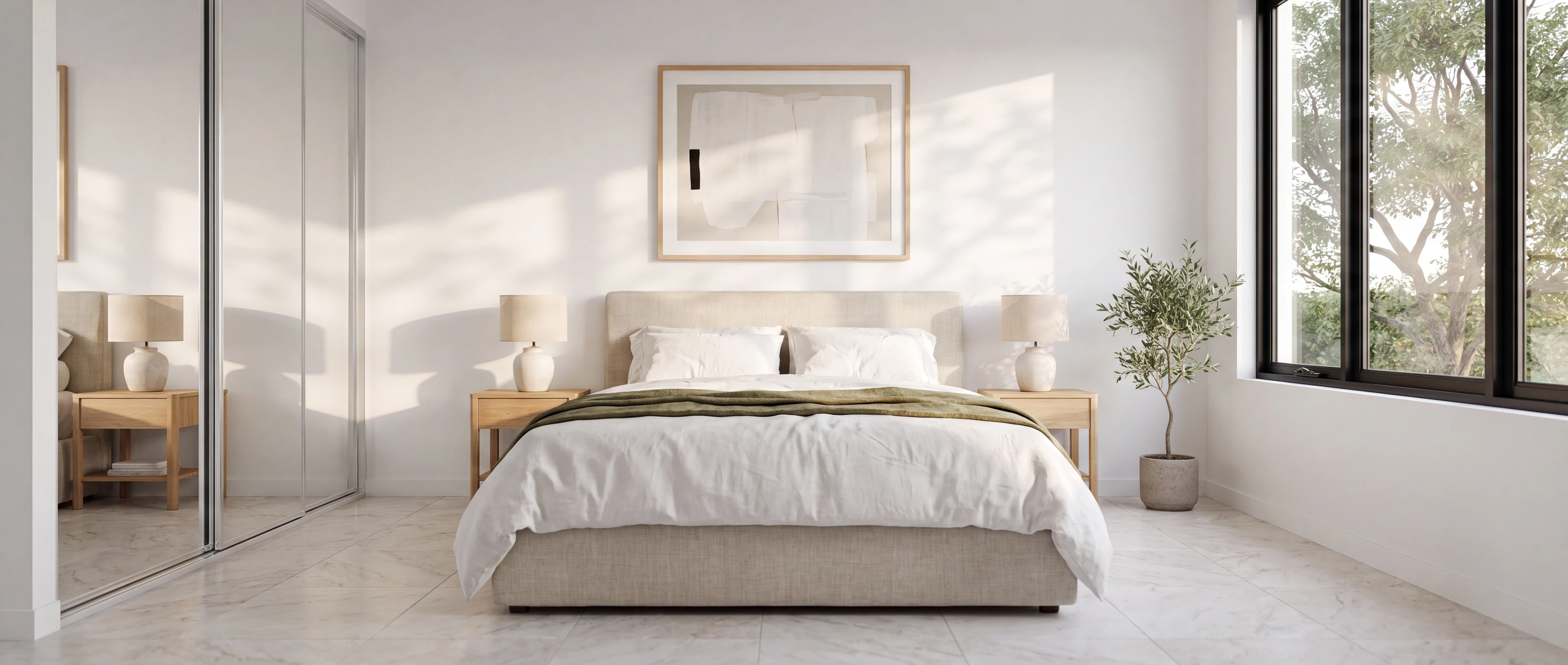 Bedroom of a Rivela home - upholstered bed, timber bedsides and a window framing the garden