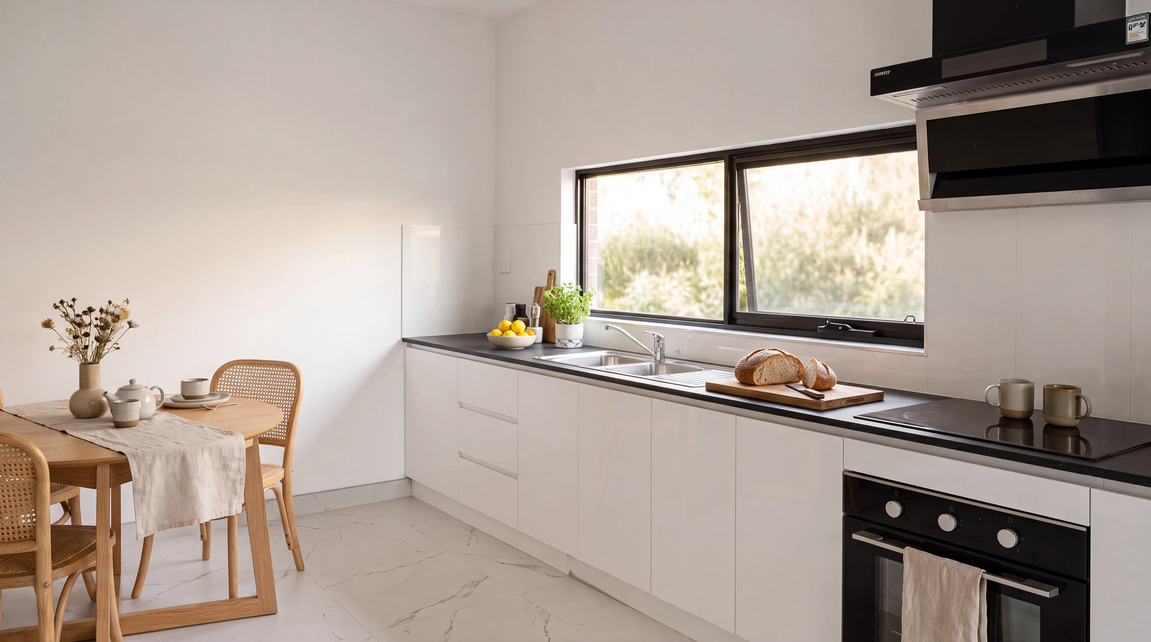 Kitchen of a Rivela home - gloss white cabinetry, stone benchtop, oven and rangehood with a garden window