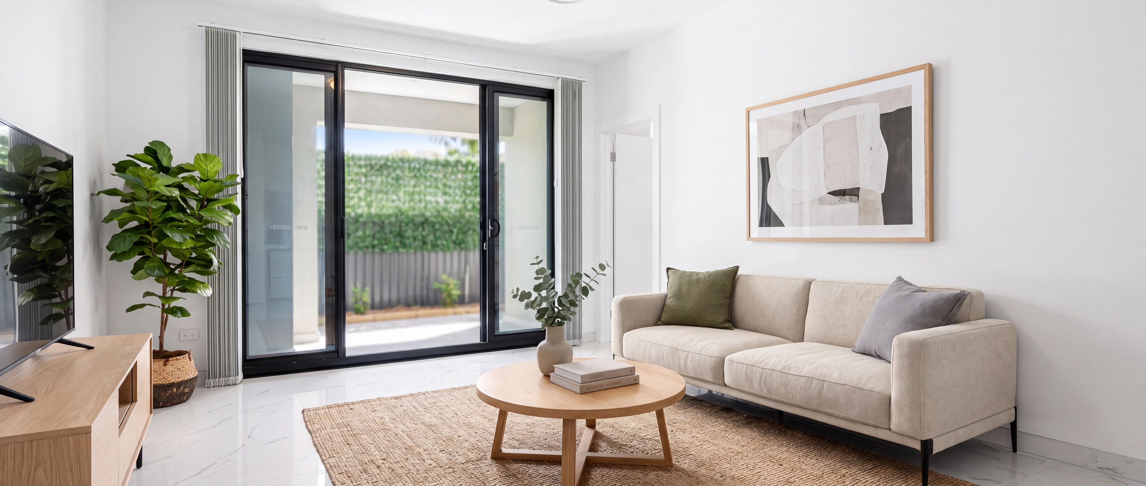 Living room of a Rivela home - marble-look tiles, full-height sliding doors to the garden and a neutral, light interior