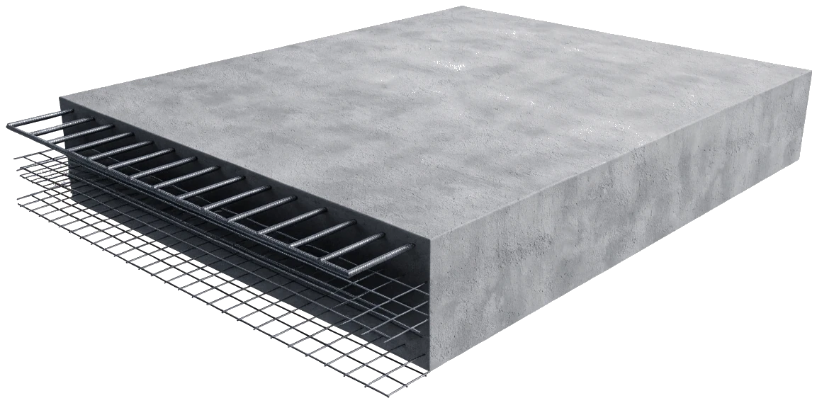 Cutaway 3D render of a steel-reinforced concrete slab - the optional concrete foundation you can choose for a Rivela home